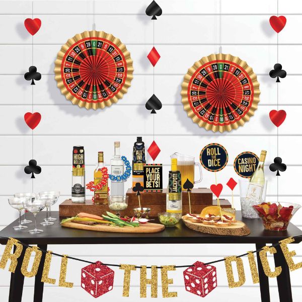 Vibrant casino bar decorating kit featuring tent cards, picks, bottle tags, swirls, and festive hanging decorations.