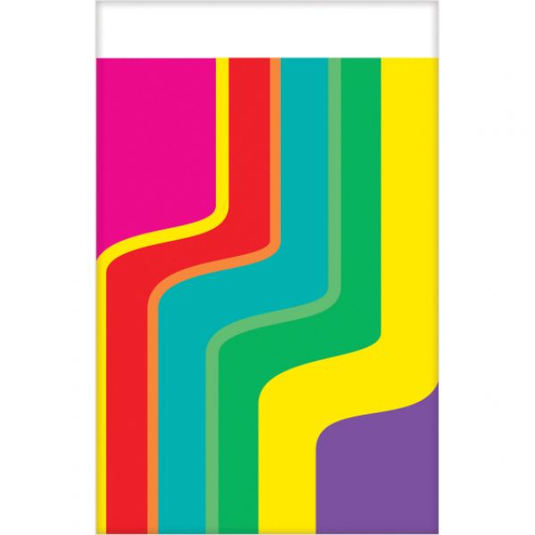 Vibrant retro 70's plastic tablecover, 137cm x 243cm, perfect for parties and easy to clean.