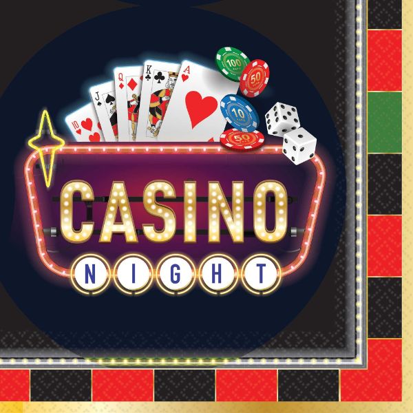 Pack of 16 casino-themed lunch napkins featuring vibrant dice design for parties and events.