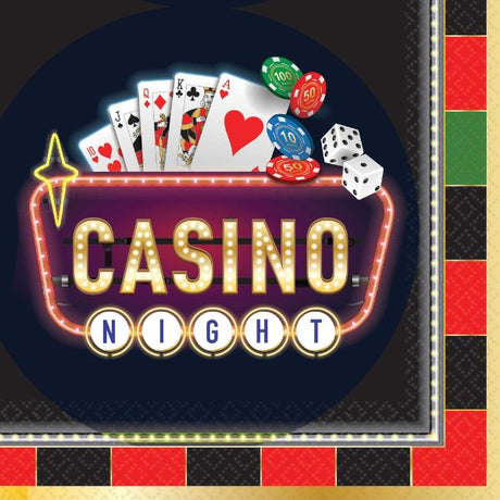 Pack of 16 casino-themed lunch napkins featuring vibrant dice design for parties and events.