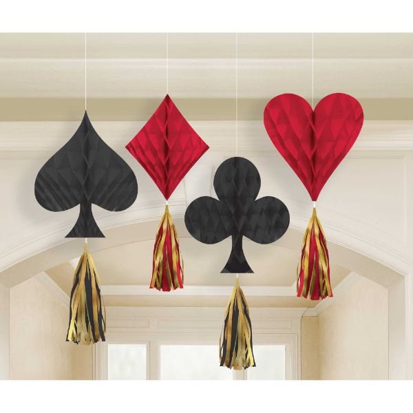 Colorful mini casino-themed honeycomb decorations with tassels, perfect for parties and game nights. Pack of 4.