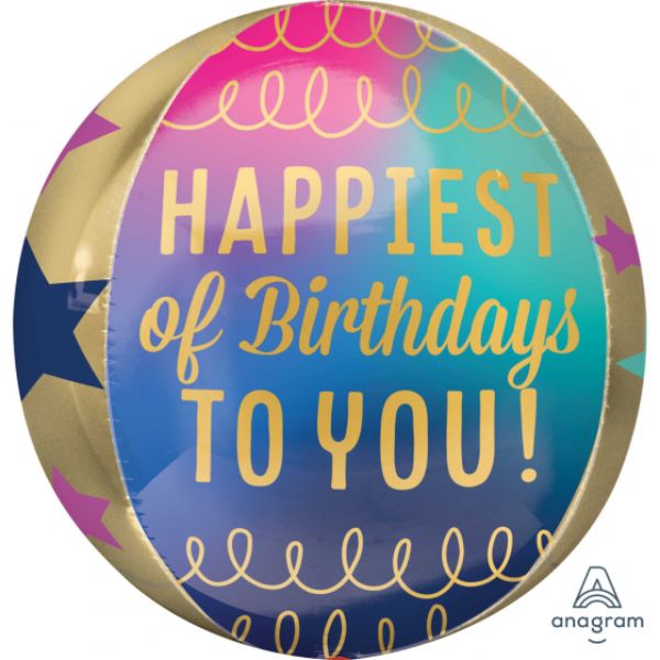 Orbz XL 'Happiest of Birthdays to You' balloon with vibrant stars and gold accents, perfect for festive birthday celebrations.
