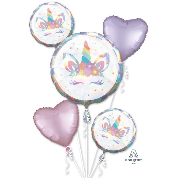 Pack of 5 iridescent foil party balloons featuring 1 unicorn shape and 4 vibrant standard balloons for magical celebrations.