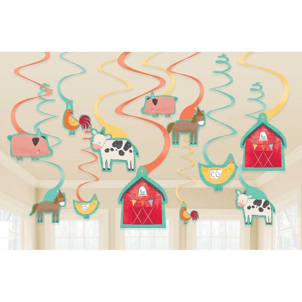 Vibrant barnyard-themed hanging swirl decorations featuring animals, perfect for children's birthday parties.