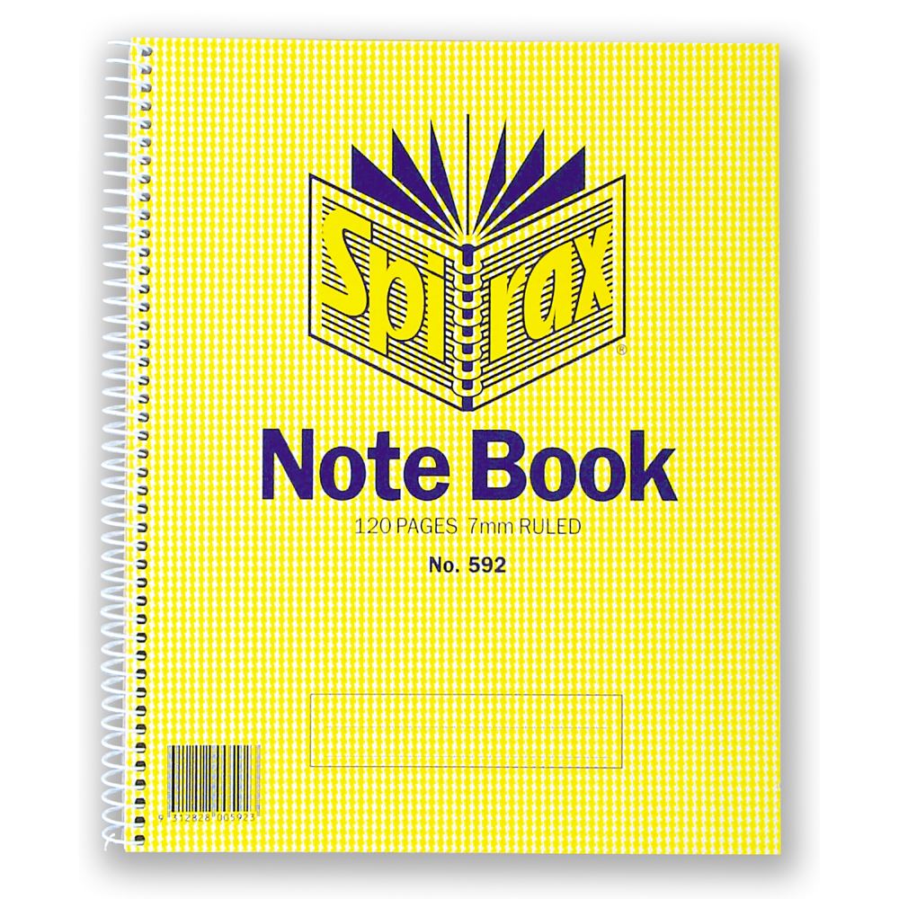 Spirax 592 side-opening notebook, 222x178mm, 120 pages, 8mm ruled lines, sturdy covers, lays flat for easy writing.