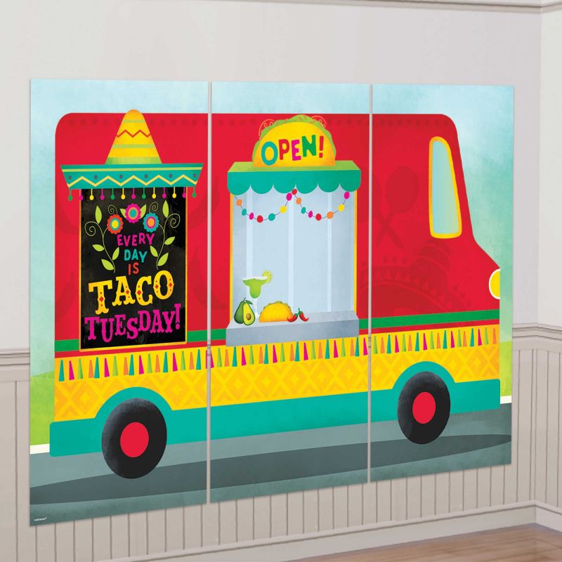 Vibrant Fiesta Taco Truck Scene Setter set of 3, perfect for taco-themed parties, measuring 82cm x 1.65m each.