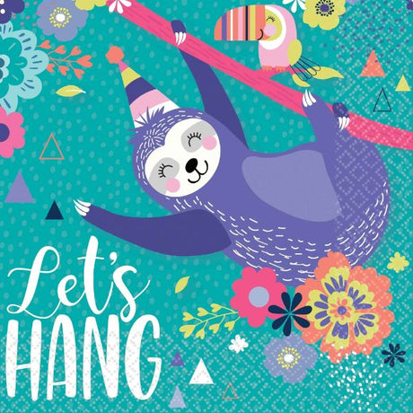 Colorful sloth lunch napkins, pack of 16, perfect for parties and casual meals, eco-friendly and fun decor.