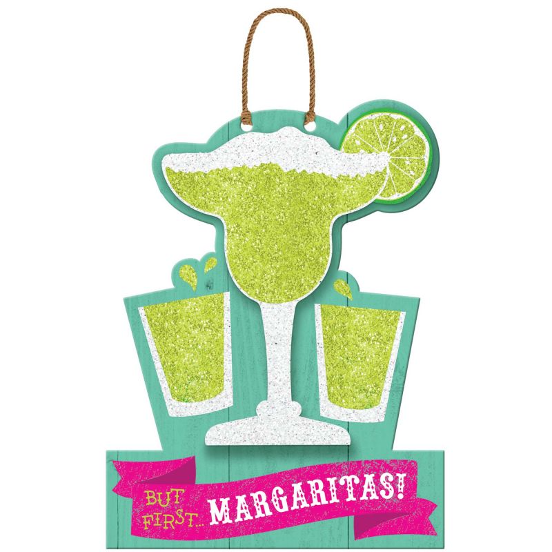 Colorful MDF sign reading 'Fiesta But First Margaritas,' perfect for kitchens and bars, measuring 24cm x 33cm.