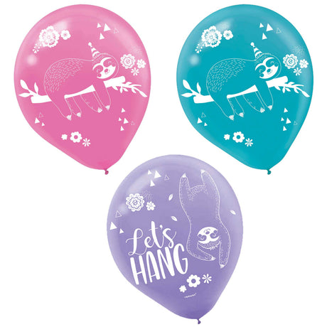 Pack of 6 assorted sloth latex balloons (30cm) perfect for adding fun to celebrations and events.