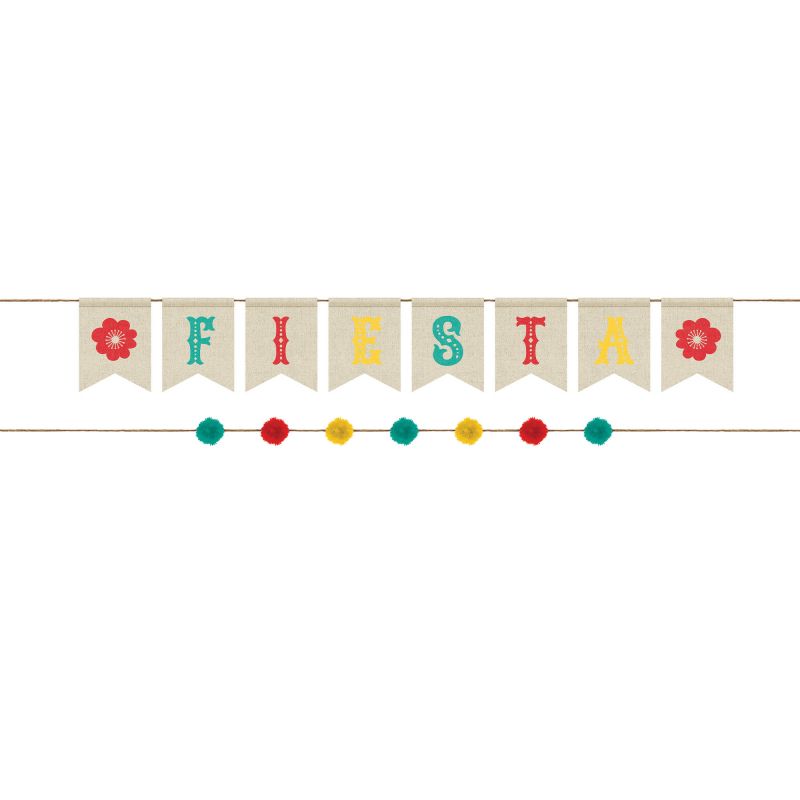Vibrant Fiesta Banner Kit featuring a canvas and pom pom banner, perfect for lively celebrations and events.
