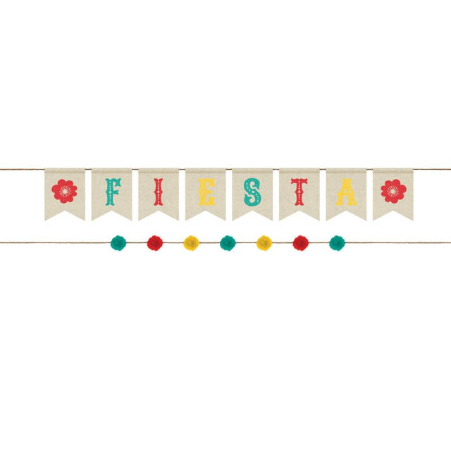 Vibrant Fiesta Banner Kit featuring a canvas and pom pom banner, perfect for lively celebrations and events.