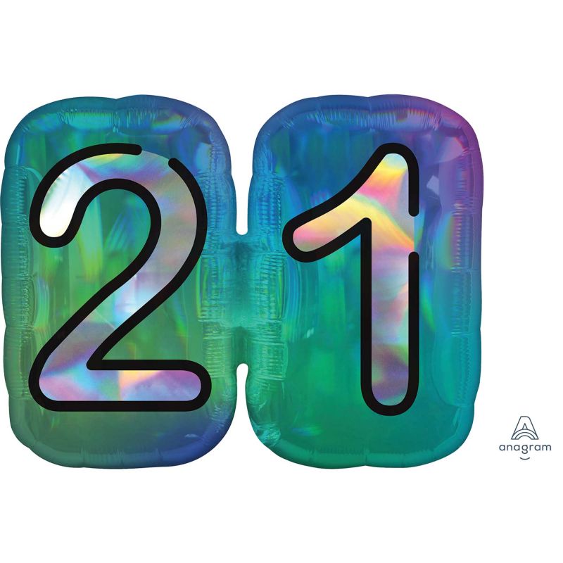 Holographic 21 foil balloon, 61cm x 66cm, perfect for 21st birthday celebrations with a vibrant, eye-catching design.