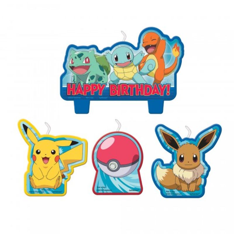 Pack of 4 Pokémon birthday candles featuring iconic characters, perfect for cakes and cupcakes at themed parties.
