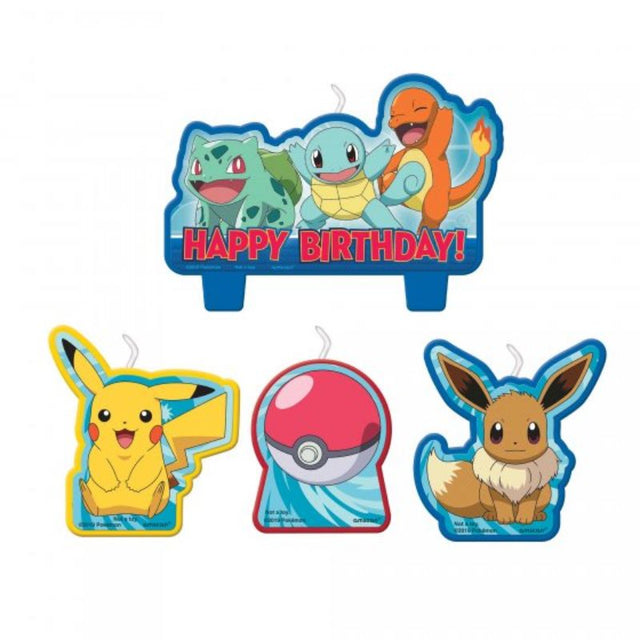 Pack of 4 Pokémon birthday candles featuring iconic characters, perfect for cakes and cupcakes at themed parties.