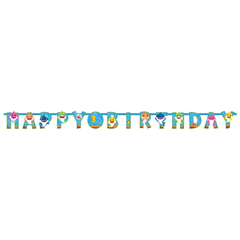 Vibrant 3.2m Baby Shark birthday banner with customizable age and characters for festive celebrations.