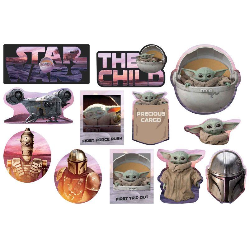 Vibrant Mandalorian cardboard cutouts in various sizes, perfect for Star Wars-themed parties and events.
