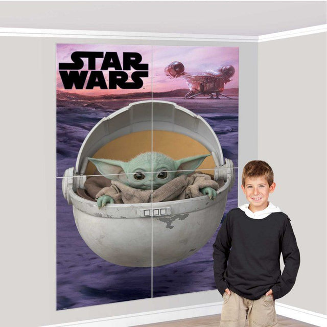 Mandalorian wall decorating kit with 4 vibrant scenes, featuring iconic characters for themed parties and décor.