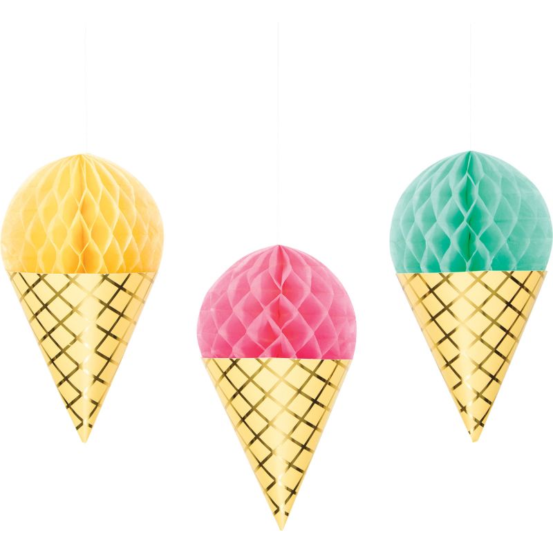 Vibrant hanging honeycomb cones for ice cream parties, measuring 16cm x 33cm, perfect for festive decorations.