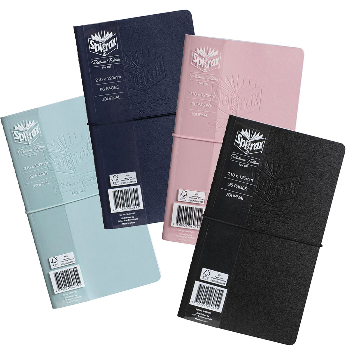 Pack of 12 Spirax journals in assorted colors, featuring soft PU covers, elastic closures, and smooth 90gsm paper.