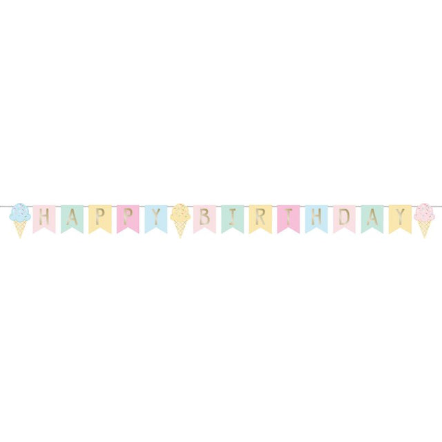 Colorful ice cream party decor ribbon banner for happy birthday celebrations, measuring 15cm x 2.52m.