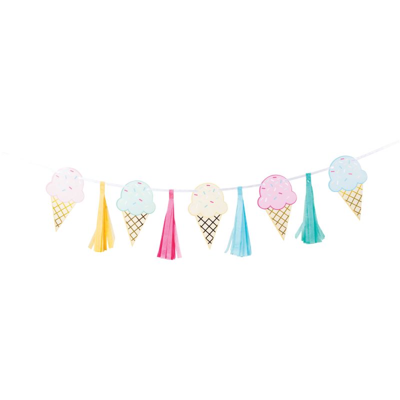 Vibrant Ice Cream Party Tassel Ribbon Banner, 20cm x 1.4m, perfect for kids' parties and summer celebrations.
