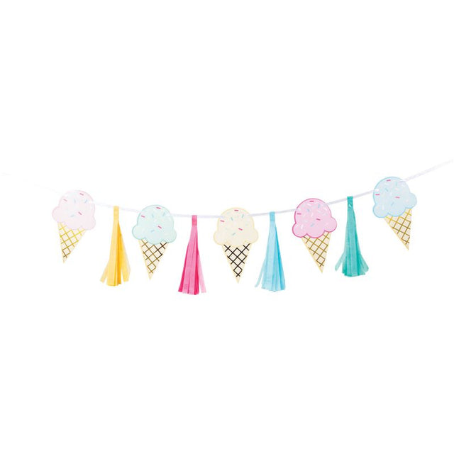 Vibrant Ice Cream Party Tassel Ribbon Banner, 20cm x 1.4m, perfect for kids' parties and summer celebrations.