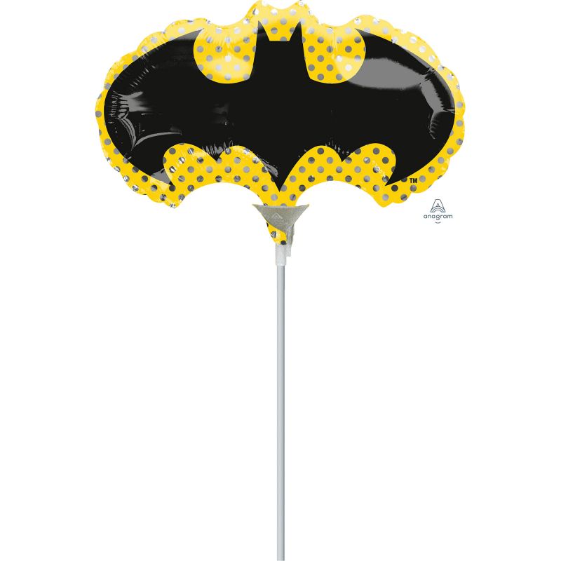 Mini Batman Bat Symbol foil balloon, perfect for superhero parties and decorations, air-inflated with a heat-sealing valve.