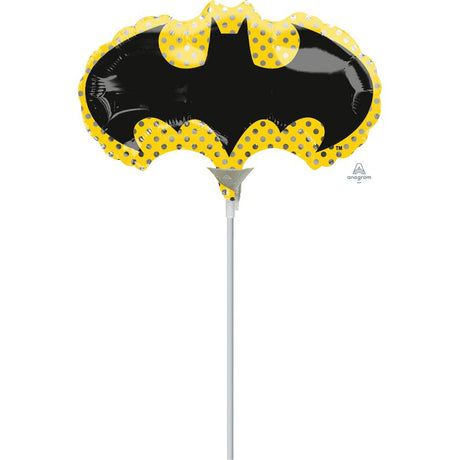 Mini Batman Bat Symbol foil balloon, perfect for superhero parties and decorations, air-inflated with a heat-sealing valve.