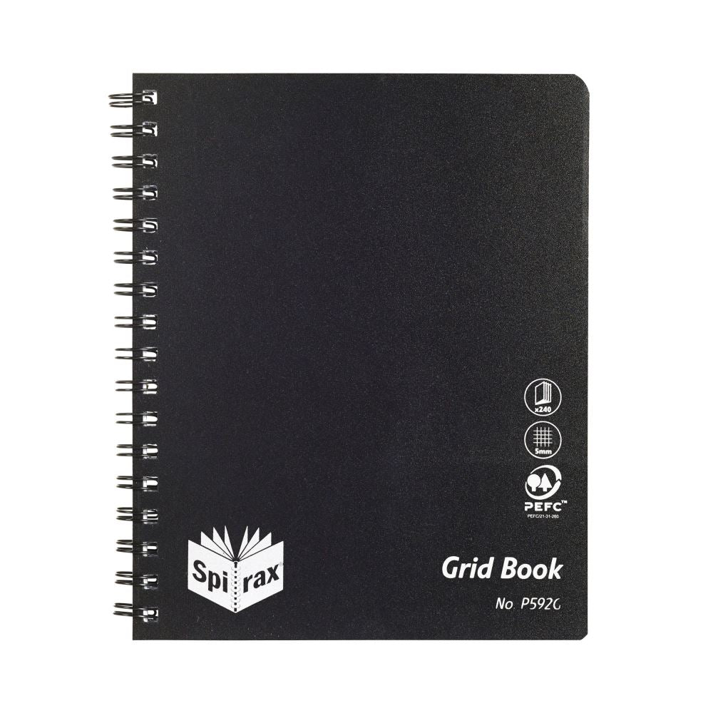 Spirax P592g PP Grid Book, black cover, 240 pages, 5mm grid lines, perfect for notes and sketches.