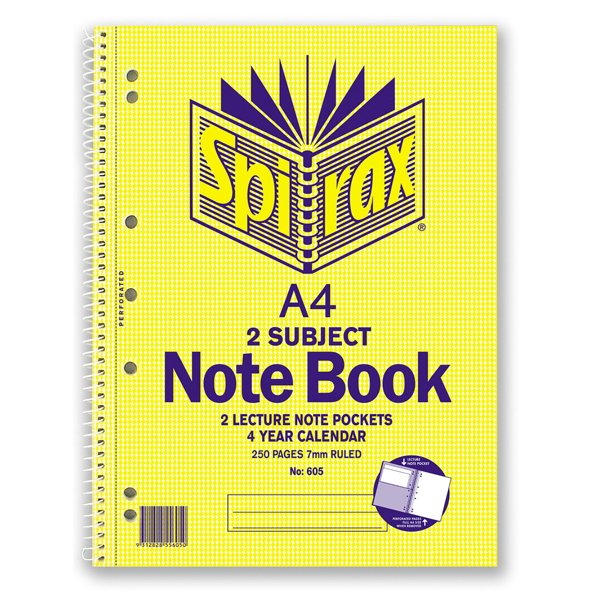 Spirax 605 2 Subject Notebook, A4, 250 pages, 7mm ruled, 7 hole punched, includes dividers and calendar for organized note-taking.