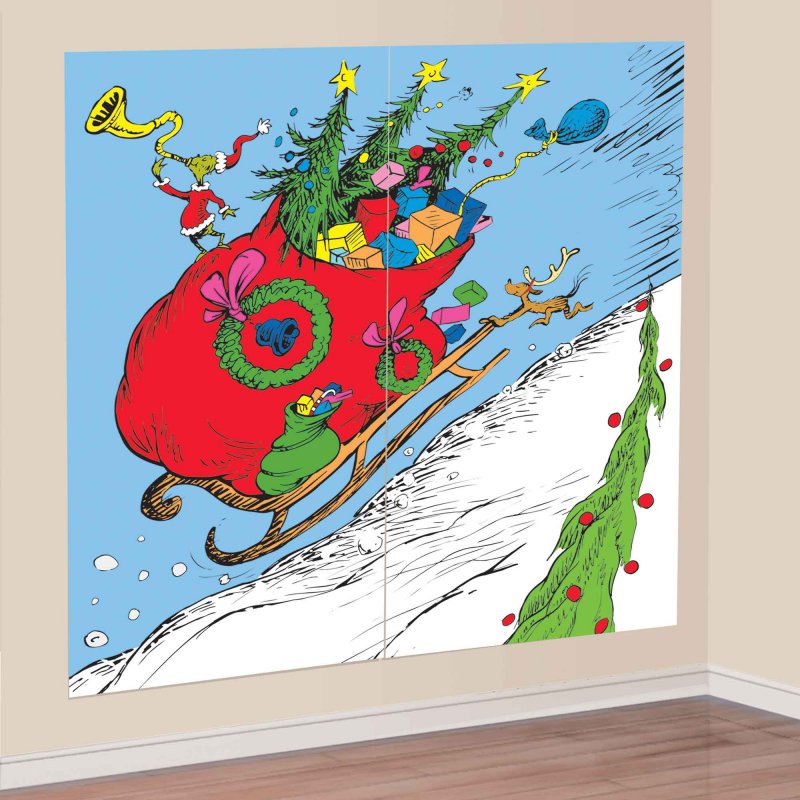 Colorful Dr. Seuss The Grinch scene setters for festive holiday decor, measuring 165cm each, perfect for Christmas celebrations.