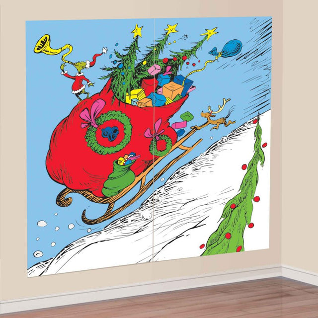 Colorful Dr. Seuss The Grinch scene setters for festive holiday decor, measuring 165cm each, perfect for Christmas celebrations.