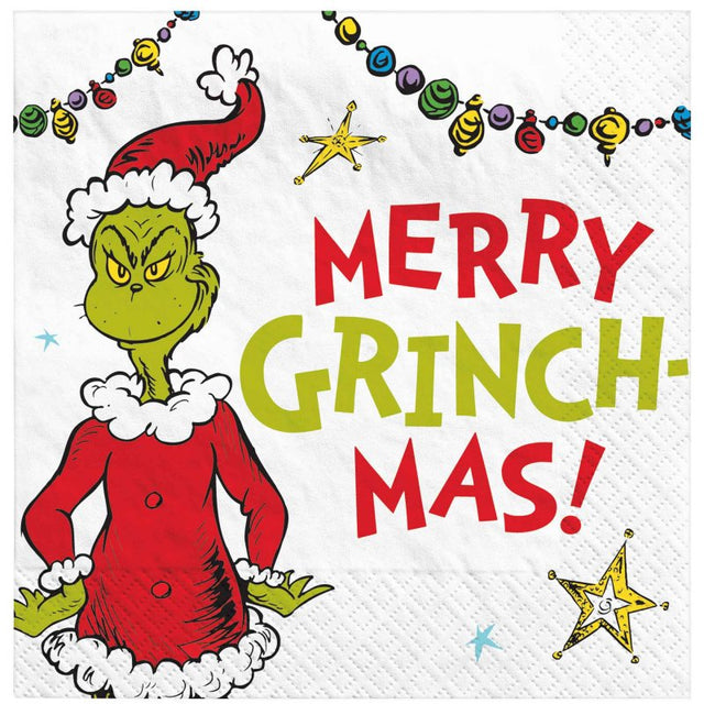 Beverage napkins featuring The Grinch, perfect for holiday parties, pack of 16, adding festive cheer and fun to your table.