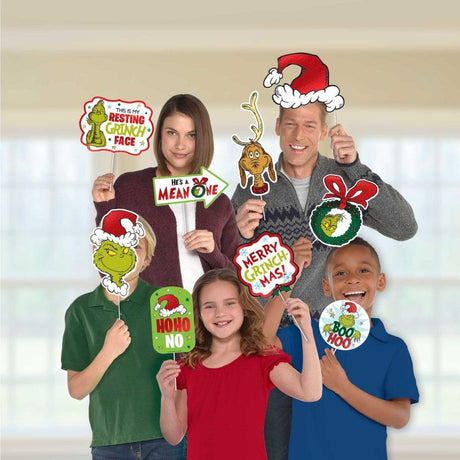 Whimsical Dr. Seuss Grinch photo prop kit with 13 fun props for festive holiday gatherings and family photos.