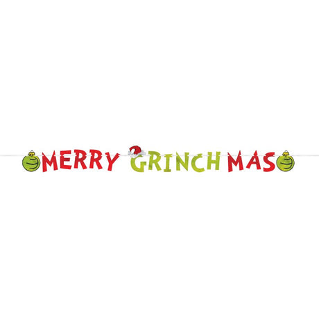 Festive 3.65m Grinch Merry Grinchmas foil banner, bright colors and whimsical design for holiday celebrations.