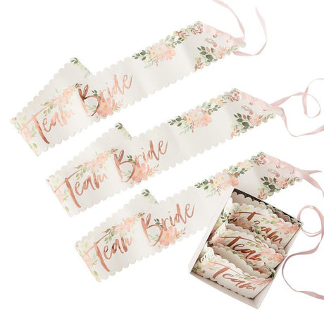 Pack of 6 Floral Team Bride Hen Party Sashes, 75cm long, ideal for bridal celebrations and memorable photo moments.