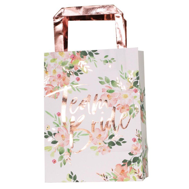 Pack of 5 floral hen party bags, 24cm W x 35cm H, perfect for bridal celebrations and team bride gifts.