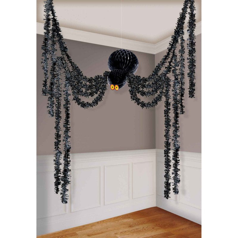 All-in-one Halloween hanging decoration kit featuring spiders and webs for spooky indoor/outdoor décor.