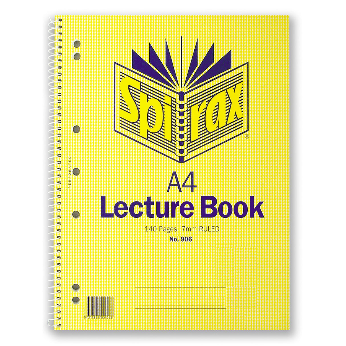 Spirax 906 A4 Lecture Book with 140 perforated pages, 7mm ruling, side-opening design, and 7 hole punches for binders.