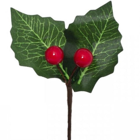 Vibrant red berry picks with lush green leaves, perfect for floral arrangements and seasonal decorations. Pack of 12.