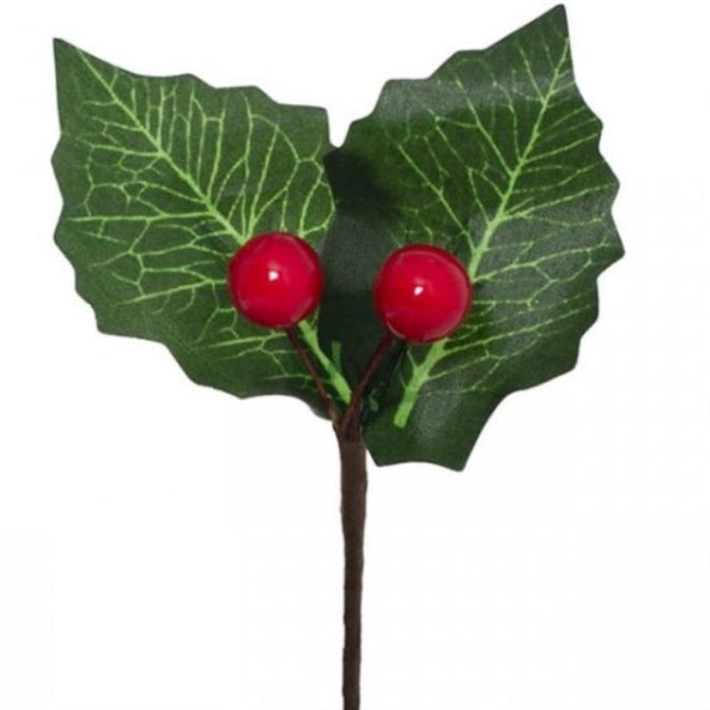 Vibrant red berry picks with lush green leaves, perfect for floral arrangements and seasonal decorations. Pack of 12.