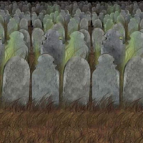 Haunting graveyard scene backdrop featuring gravestones, fog, and trees, perfect for Halloween parties and events.