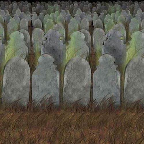 Haunting graveyard scene backdrop featuring gravestones, fog, and trees, perfect for Halloween parties and events.
