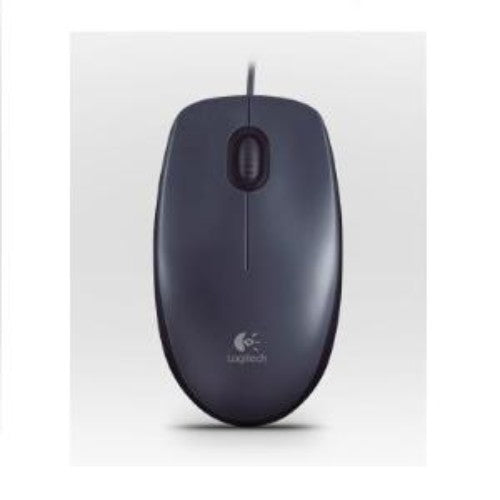 Logitech M90 Wired Optical Mouse in black, featuring 1000 DPI, symmetrical design, and smooth scroll wheel for precise control.