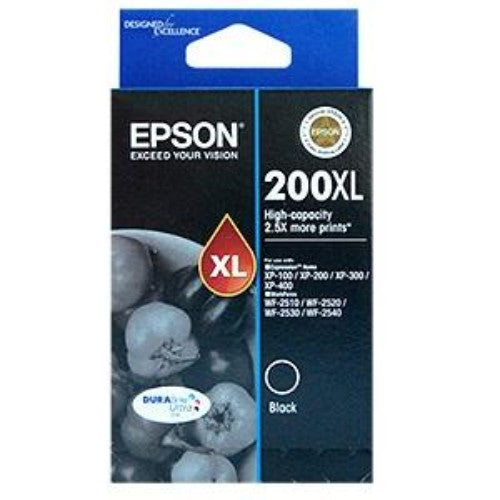 High Capacity Epson 200XL DURABrite Ultra Black Ink Cartridge - Reliable, Water-Resistant, High Yield