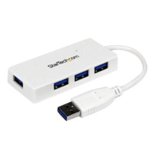 Compact 4-port USB 3.0 hub for Mac and PC, offering SuperSpeed data transfer up to 5 Gbps for multiple device connectivity.