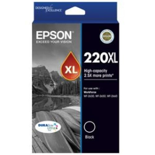 High Capacity Epson 220XL DURABrite Ultra Black Ink Cartridge for sharp, vibrant prints and exceptional yield.