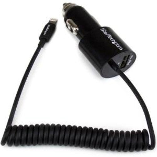 Dual-Port Car Charger with Integrated Lightning Cable & USB 2.0 Port - Fast Charging for iPhone & iPad - Black