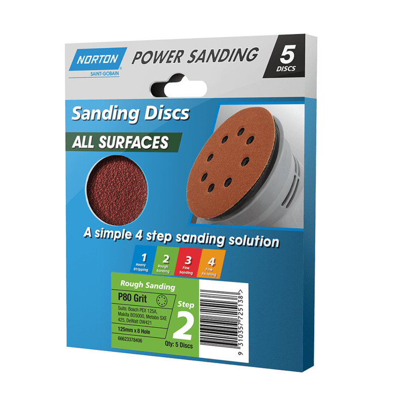 Norton Power Sanding Paper H&L Disc P80 Grit 125mm Pack of 5 (Pack)