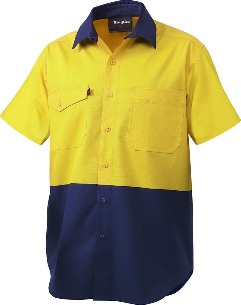 KingGee, Hi Vis Cotton Ripstop Shirt, K54875 - Yellow/Navy (Size: XS)